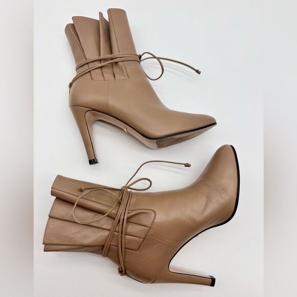 Gucci Indya Tie Ankle Boots Leather High Heel Pleated Bootie in Mud EU 37 US 7 - Picture 3 of 10